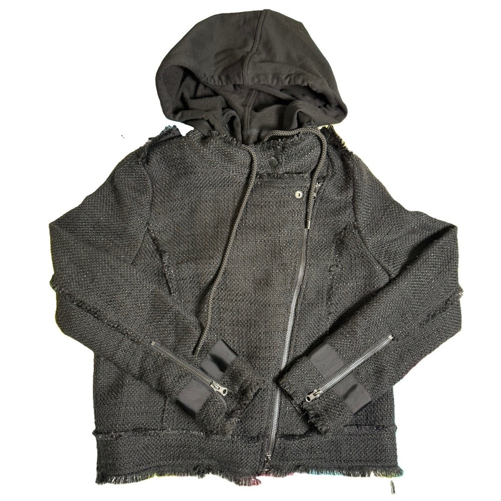 Central Park West Black Textured Asymmetrical Zip Hoodie Jacket Women's Small